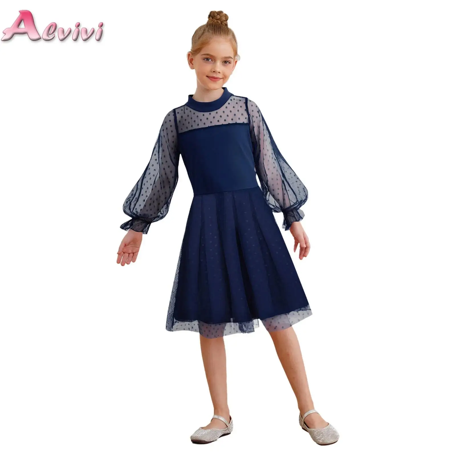 

Kids Girls Party Dresses Long Puff Sleeves Dots Sheer Mesh Patchwork Ruffled Dress for Birthday Party Wedding Vacation