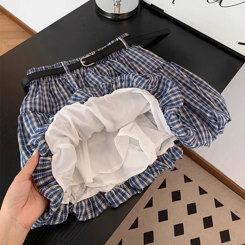 2026 New Spring Autumn Women's Blue Plaid Bubble Skirt, High Waist A-Line Tiered Mini Skirt for Petite No Belt Included