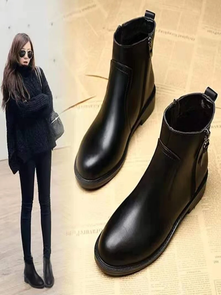 

Genuine Leather ort Boots Women's 2026 New Autumn Winter Boots Snow Flat Heel Single Boot Slim Work oes