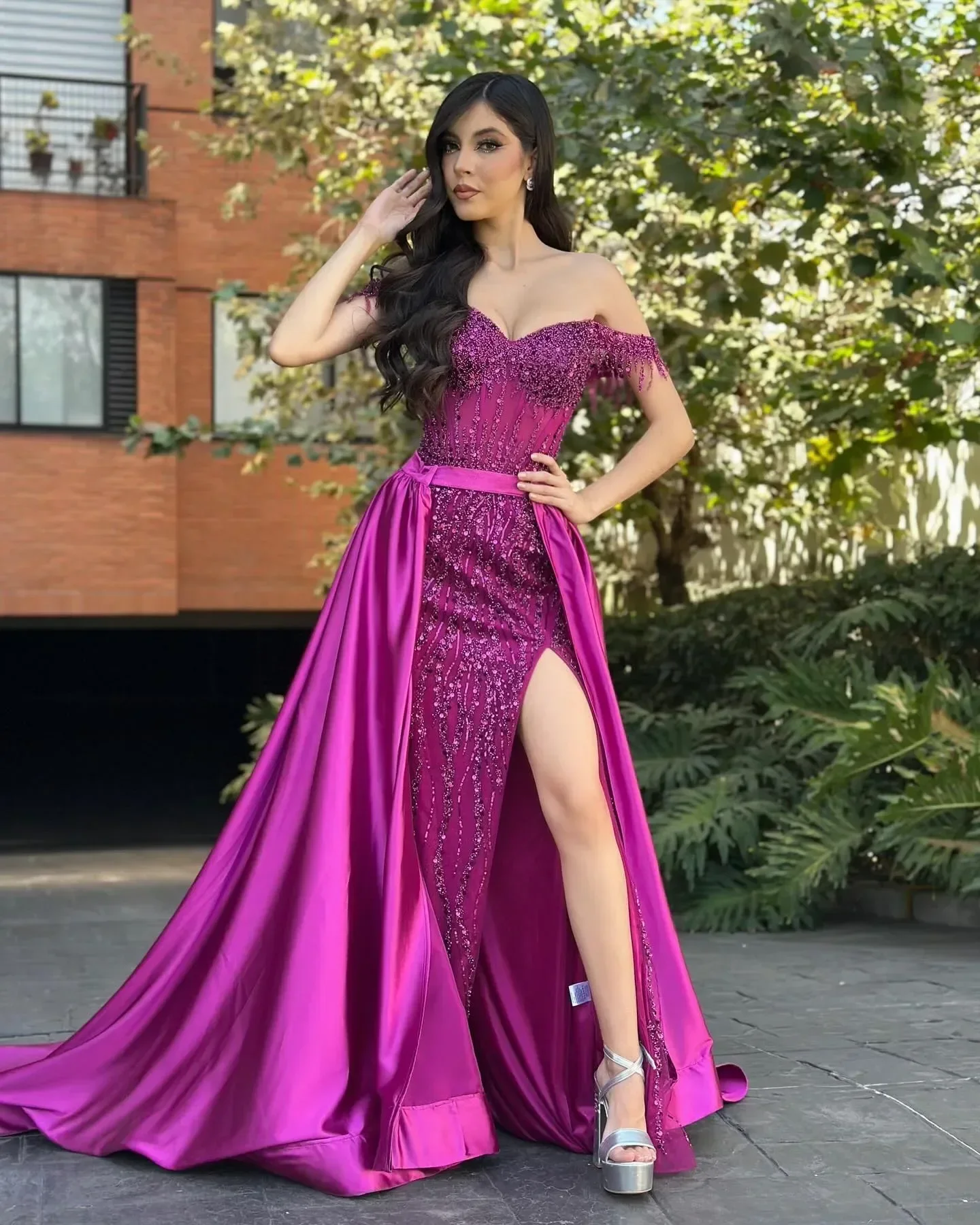 

Customized Sexy Prom Dress with Detachable Train Off Shoulder Sequins Evening Dresses Bodice Split Formal Special Ocn Party Gown