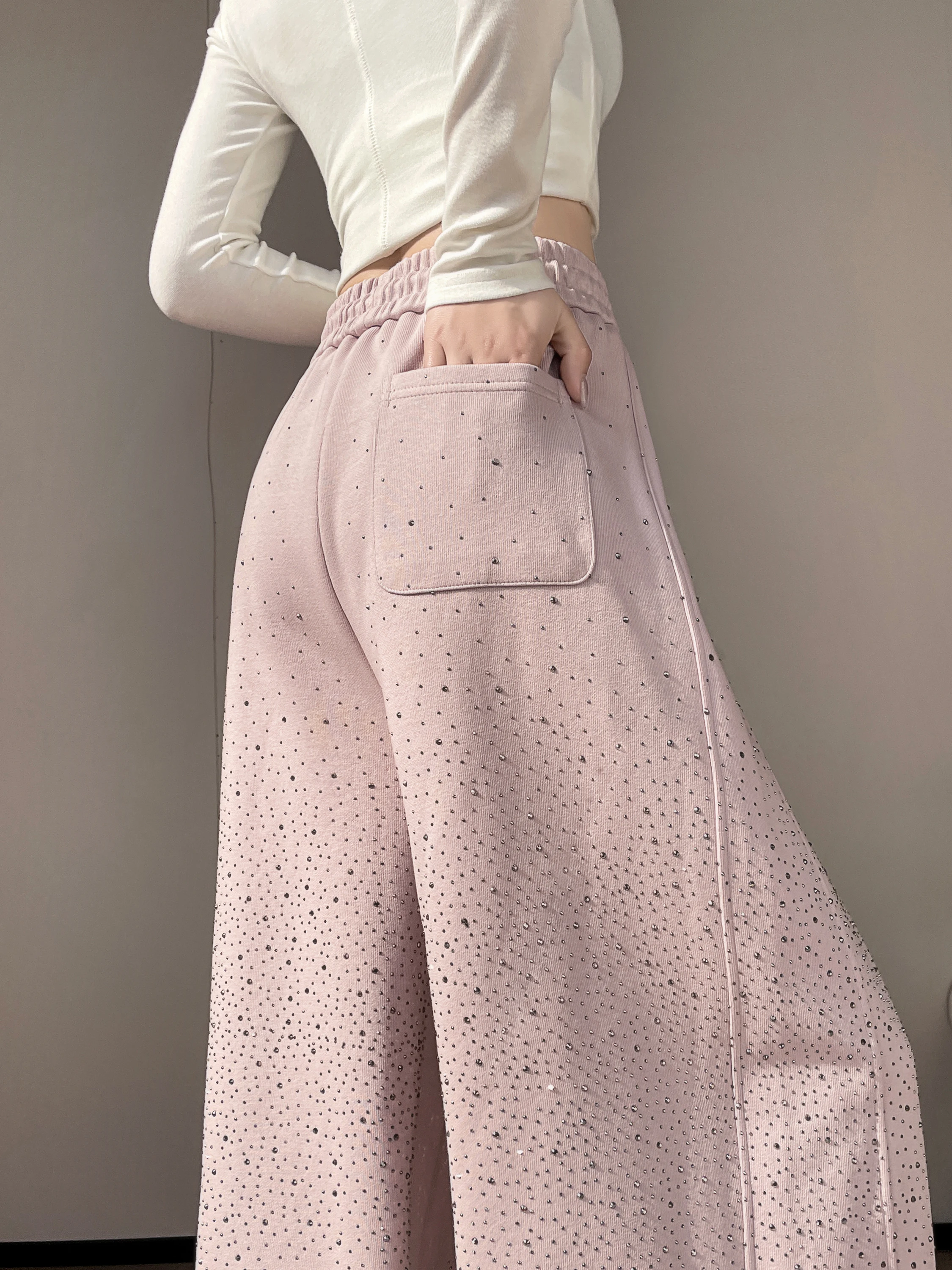 

American Style Glitter Sports Sweatpants Women's Spring Elastic Waist Slimming Loose Drapey Pink Wide Leg Casual Knife P...