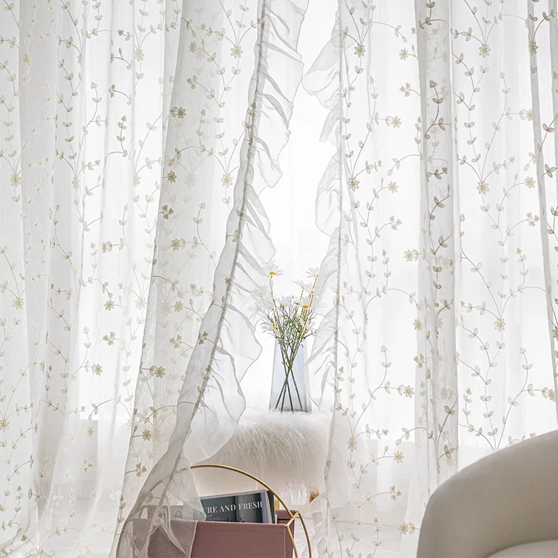 White Sheer Embroidered Flowers Tulle Curtains French Elegant Ruffle Design Linen Breathable Window Curtains for Living Rooms