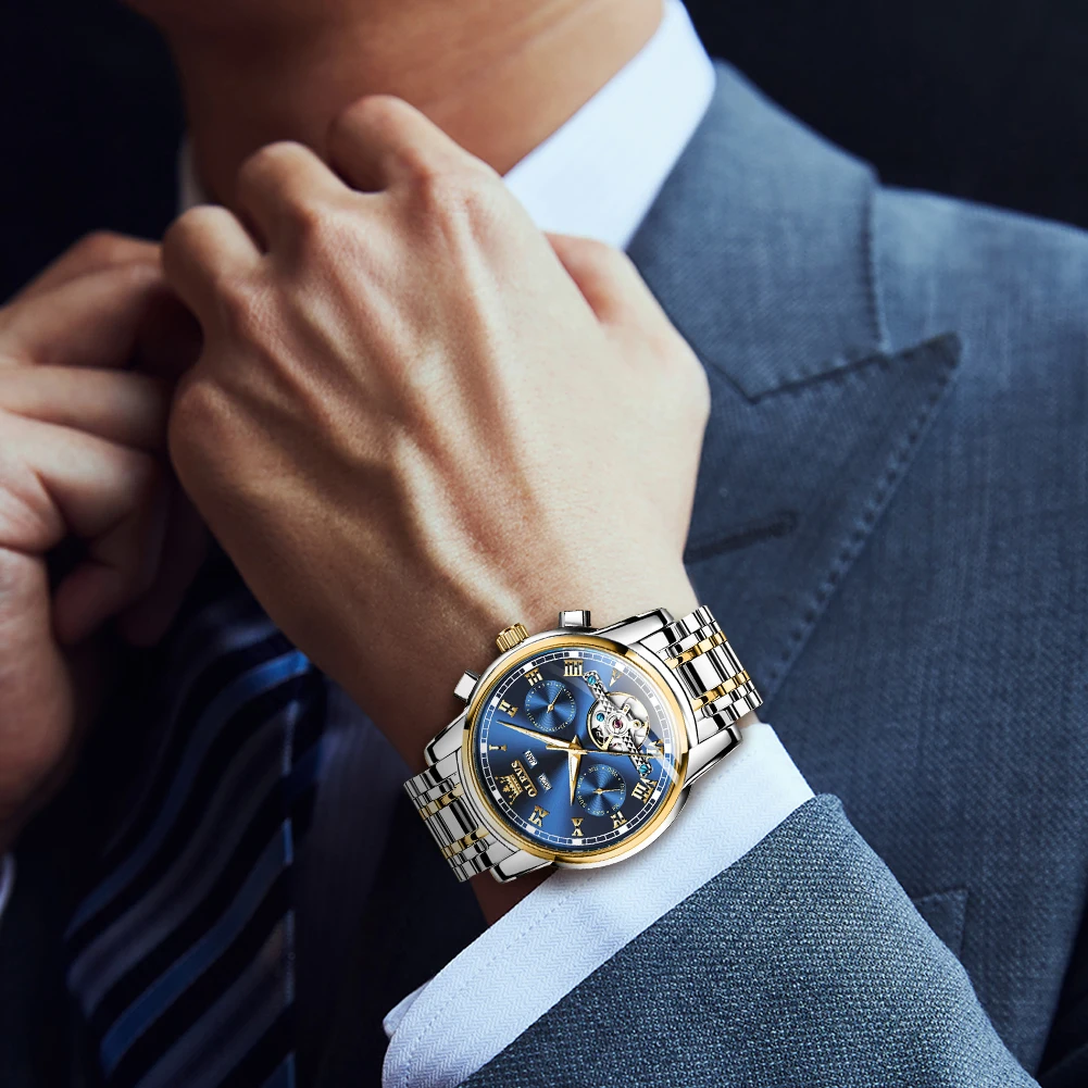 OLEVS 6607 メンズ腕時計 オリジナル ビジネス スケルトン 自動巻き 機械式腕時計 ステンレススチール デイデイト メンズ腕時計 ベストセラー