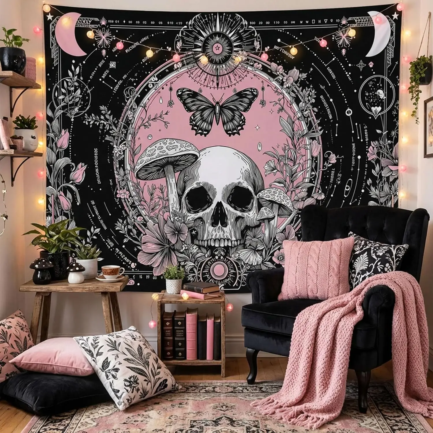 Skull Tapestry Pink Gothic Mushroom Butterfly Moon Tapestry for Bedroom Witchy Skeleton Floral Mystic Tapestries Wall Hanging