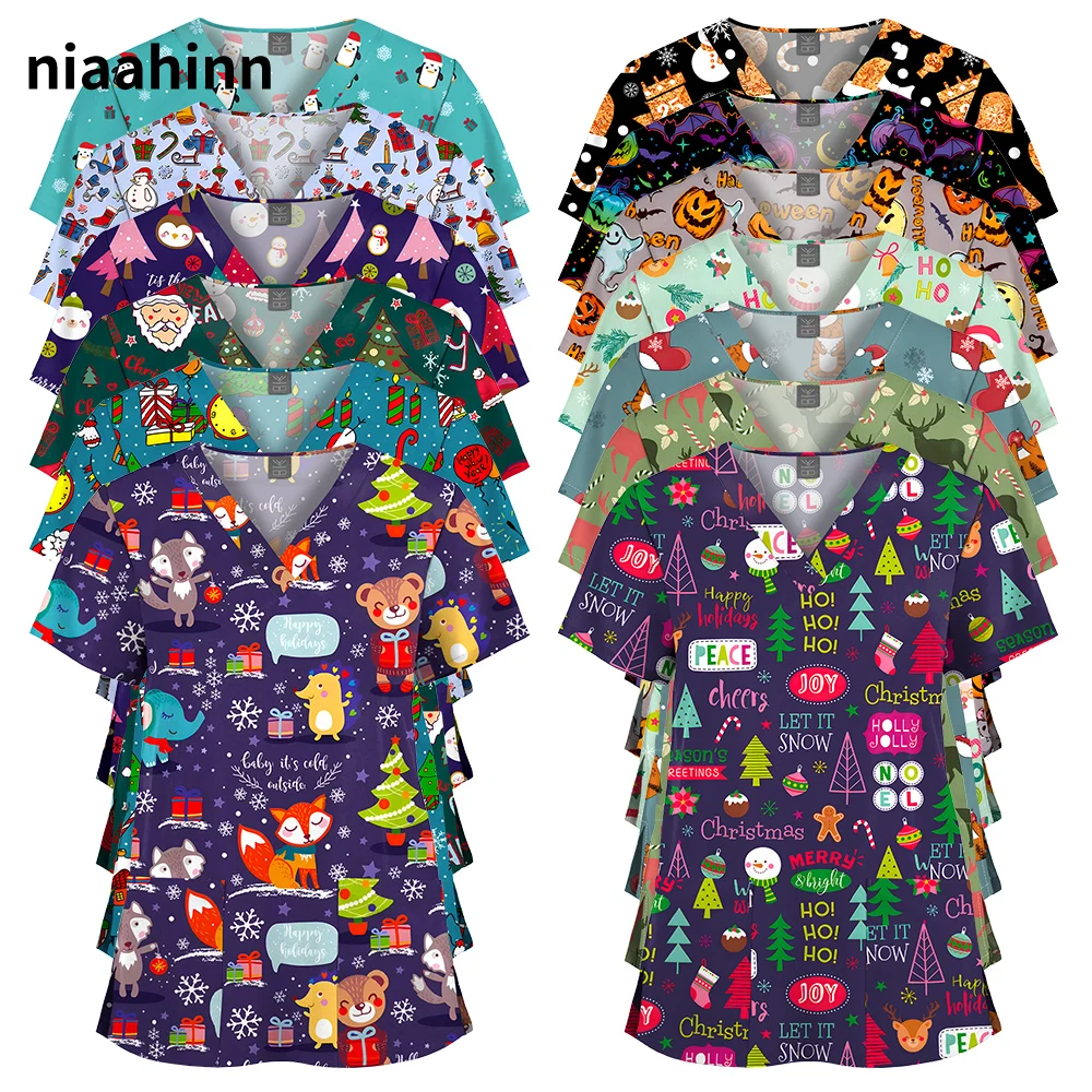 Nurse Accessories Christmas Print Pet Hospital Doctor T-shirts Nursing Clothes Women Cartoon Scrubs Tops Medical Doctor Uniforms