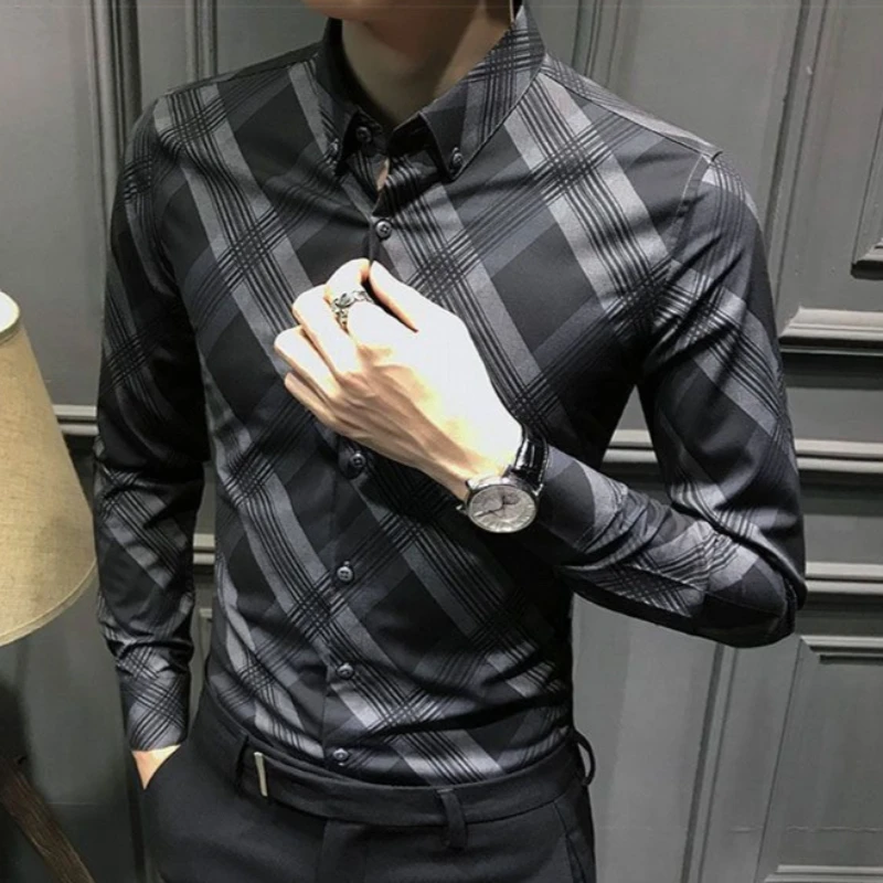 

Новая мужская рубашка в корейском стиле, модная клетчатая рубашка, осенняя, с длинным рукавом, повседневная, приталенная, немнущаяся, деловая рубашка