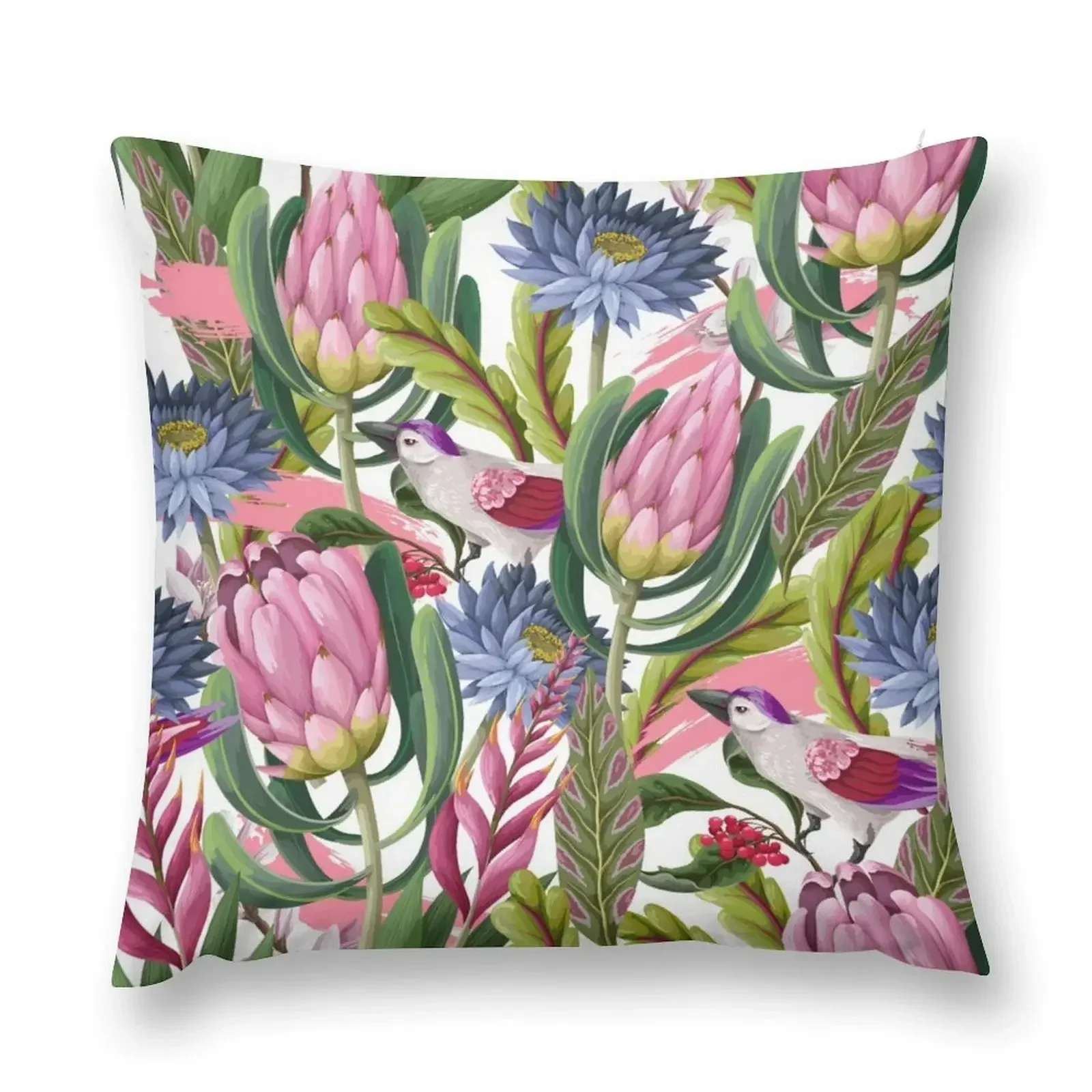 

Seamless pattern with protea and tropical flowers and birds, Trendy floral vector print Throw Pillow autumn pillowcase pillow