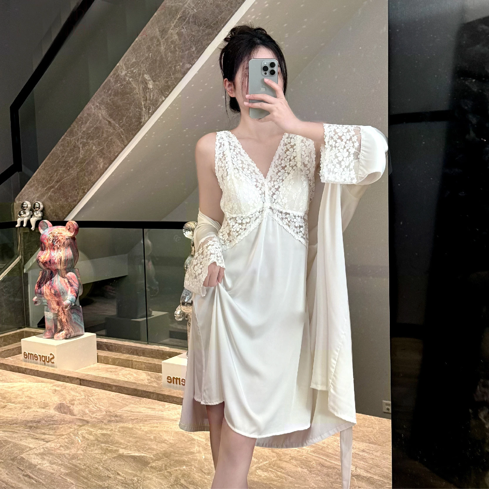 Twinset robe terno com alça camisola feminina sleepwear lingerie rendas retalhos kimono roupão conjunto verão perspectiva nightwear