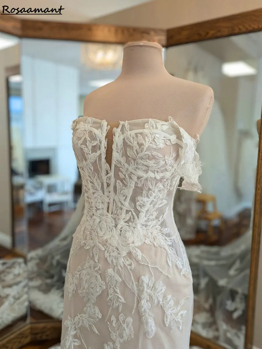 Vestidos de novia de sirena con hombros descubiertos, ilusión elegante, apliques sin mangas, vestidos de novia campestres de encaje