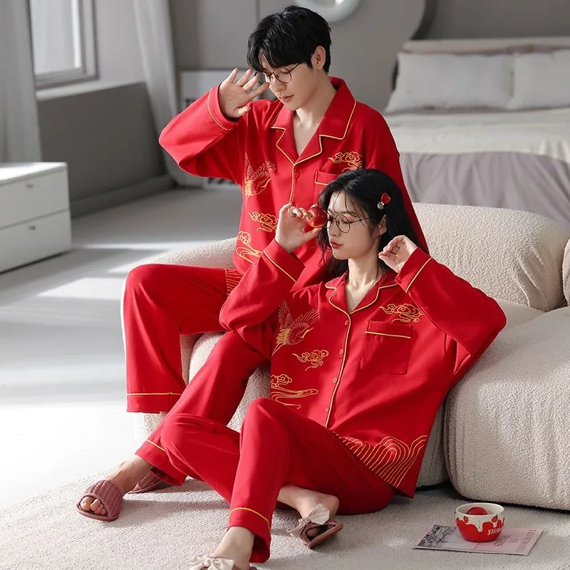 Couple Pajamas Red Cotton Long Sleeve Sleepwear Women's Spring Autumn Nightwear Men's Wedding Homewear Winter Loungewear Set