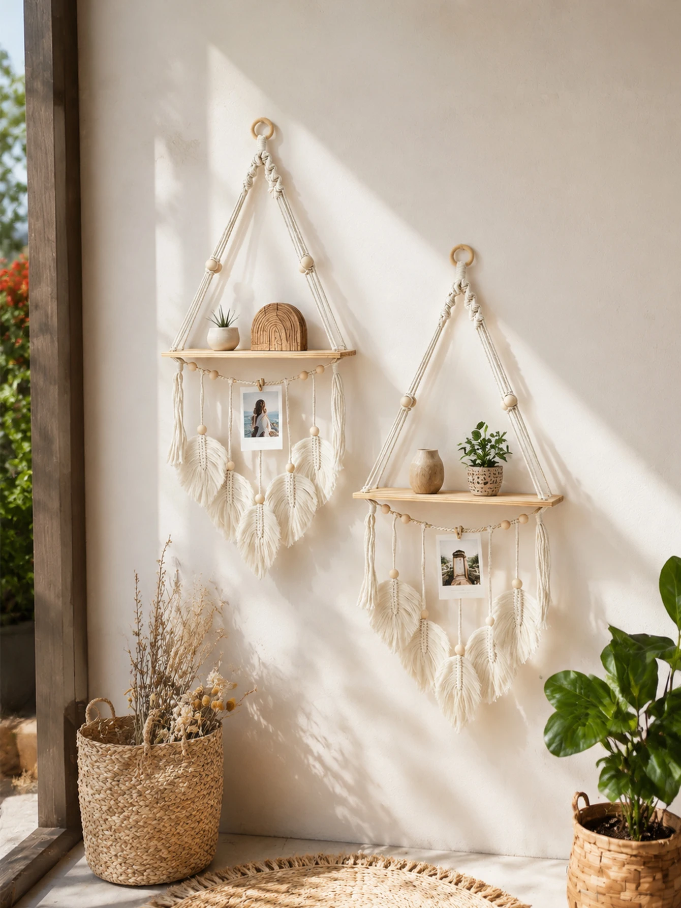 ボヘミアンマクラメ壁掛け棚、リーフタッセル付き木製ビーズフロ - Floating Shelves のレビューと価格