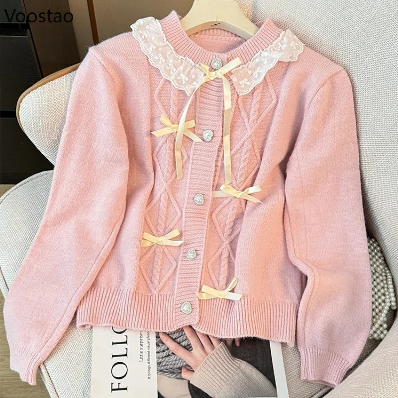 Autumn Winter Sweet Lolita Knited Sweater Japanese Women Kawaii Long Sleeve Lace Ruffle Patchwork Bow Cardigan Korean Loose Tops