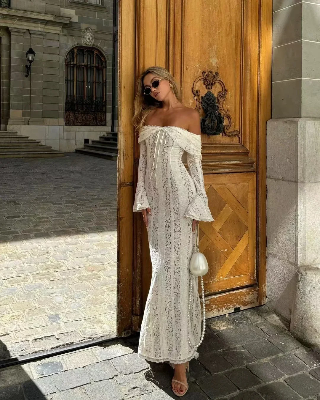 

Autumn Maxi Dress One-Shoulder Trumpet Sleeve Long Wrap-Around Dress Gentle Elegant Temperament Halter Waist-Cinching Long Dress