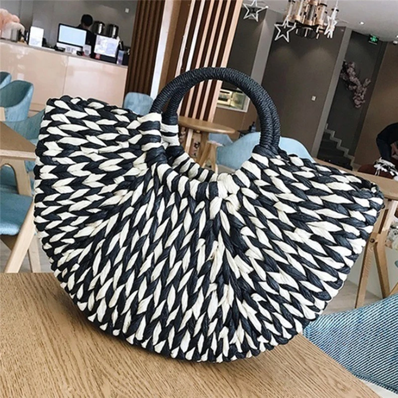 Bolsa feminina rattan vime palha tecido meia-redonda saco grande capacidade feminina casual viagem tote moda bolsos