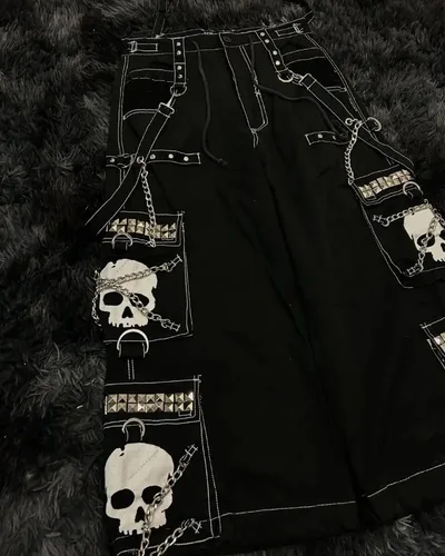 Imagen 2 del producto Nueva moda americana de venta al por menor, pantalones de pierna ancha con diseño de calavera y cadena, pantalones vaqueros retro Harajuku a la moda para hombres, pantalones sueltos punk rock