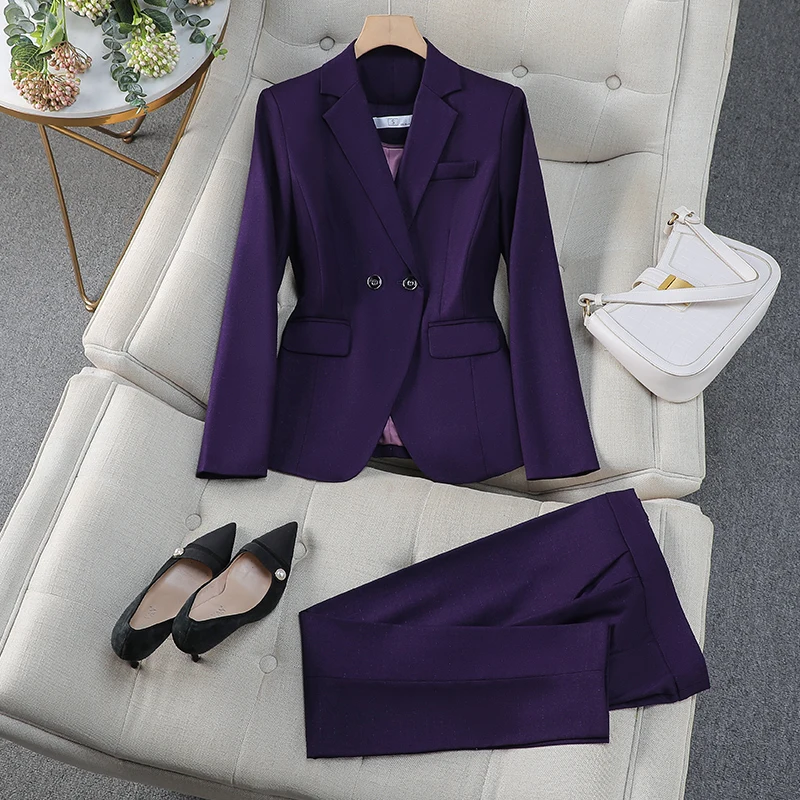 Purple Gray Navy Solid Women Pant Suit Office Ladies Female Business Work Wear 2 Piece Set Formal Blazer Jacket and Trouser