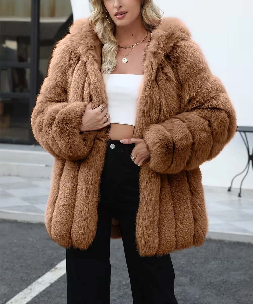 Faux Fox Fur Coat Women Solid Fur Jacket Long Sleeve Turn Down Collar Open Stitch Thick Warm Fur Loose Casual 2026 Autumn Winter