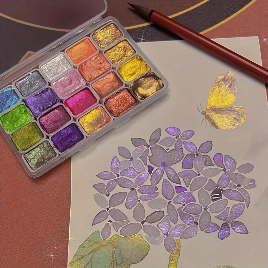 20-Farben-Aquarell-Malset aus Metall, tragbare Box mit glänzenden Perlen, solide Aquarellmalerei und Künstlerbedarf, Aquarell – Detail 5