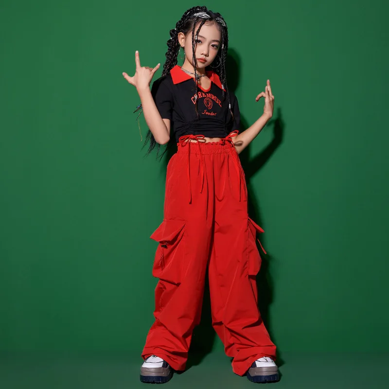 طفل الهيب هوب الملابس السوداء Ruched الخامس الرقبة المحاصيل الأعلى تي شيرت الأحمر عادية المظلة البضائع السراويل لفتاة الجاز ملابس رقص الملابس #4
