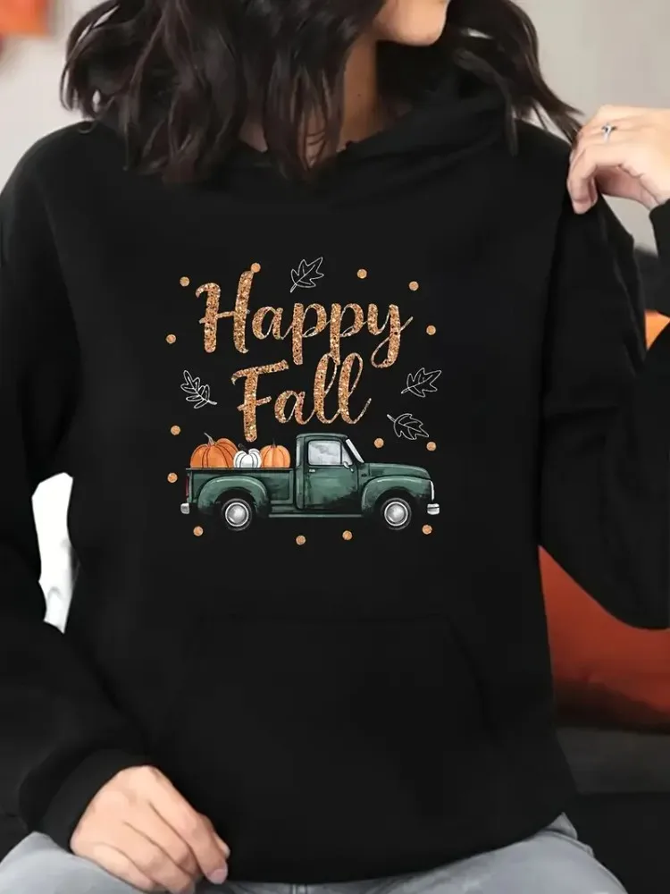 

Женская толстовка с капюшоном Happy Fall больших размеров, уютная толстовка с длинными рукавами и графическим передним карманом в виде тыквы и ребристыми манжетами, черная