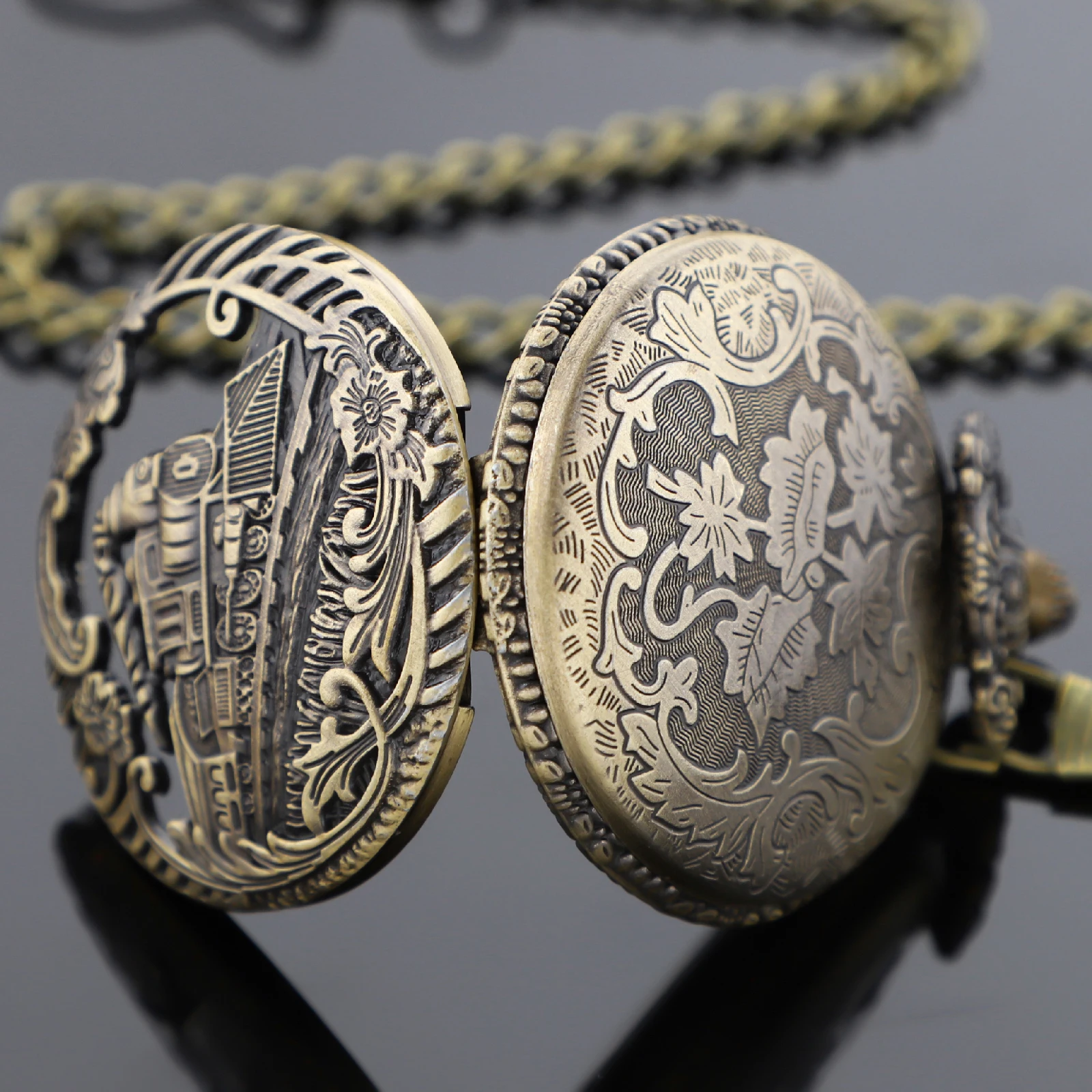 Orologio da taschino al quarzo con motore a treno in bronzo retrò, collana da donna, orologio a catena, migliori regali per uomo, miglior souvenir