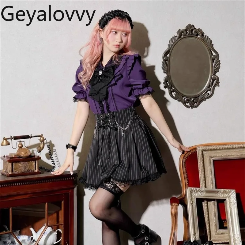 

Летний новый милый женский кружевной топ в японском стиле в стиле Лолиты, универсальная рубашка темного цвета с милым бантом и короткими рукавами, Camisas для женщин