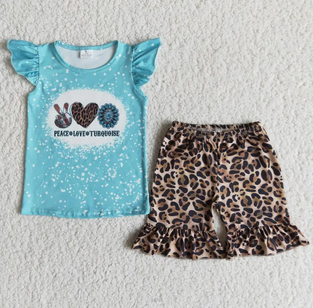 

Cheap Price Wholesale Baby Girl Summer Set Short Sleeves Shirt Kid Ruffle Cotton Shorts turquoise leopard Sets girls clothes