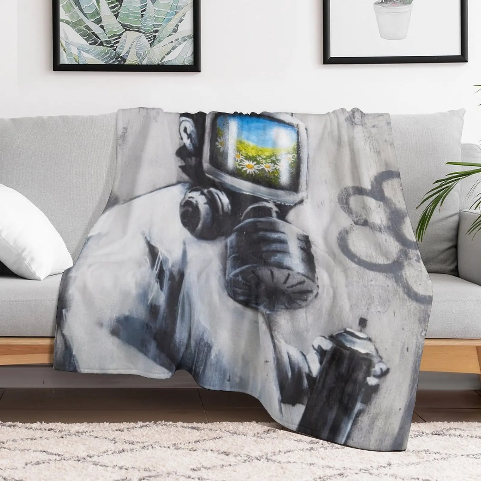 Banksy Gas Mask Boy Art Throw Blanket Soft Sherpa Fleece Warm Blanket for Winter