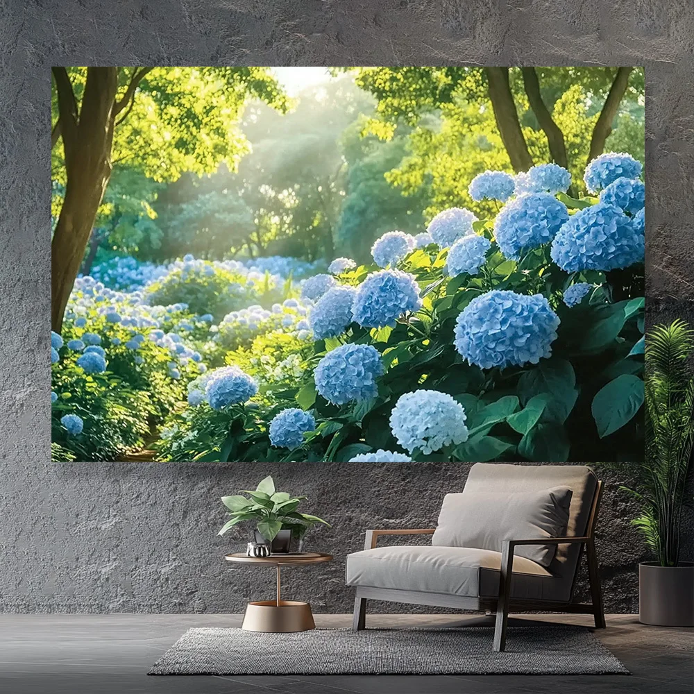 Blue Hydrangea Flower Tapestry Garden Landscape Art Wall Hanging Nature Home Decor Free Hooks Included Elevate Your Space