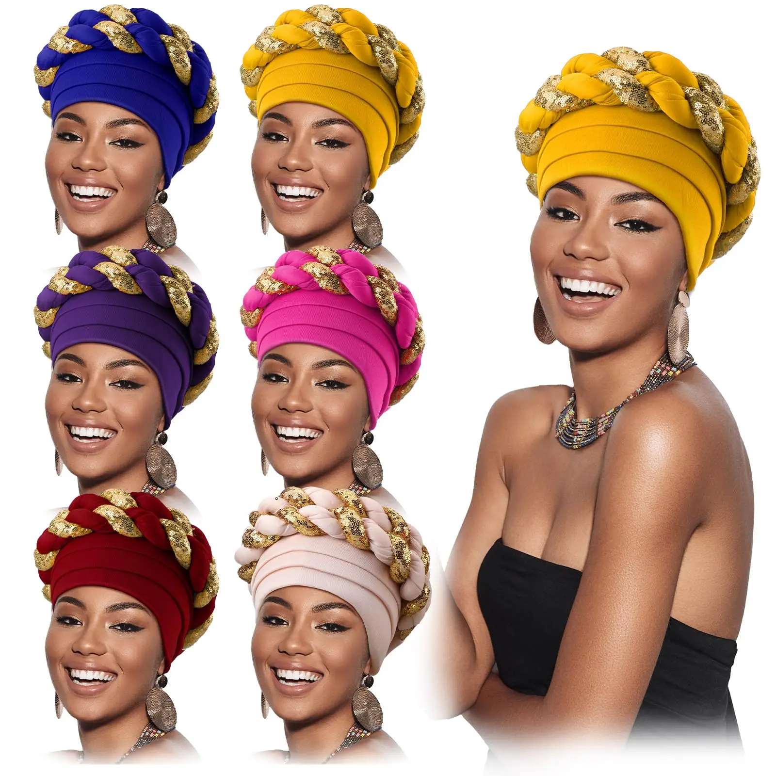 

African Turban Hijab Bonnet Head Wraps for Black Women Sequined Braid Beanie Cap Stretchy Twisted African Hat Headscarf