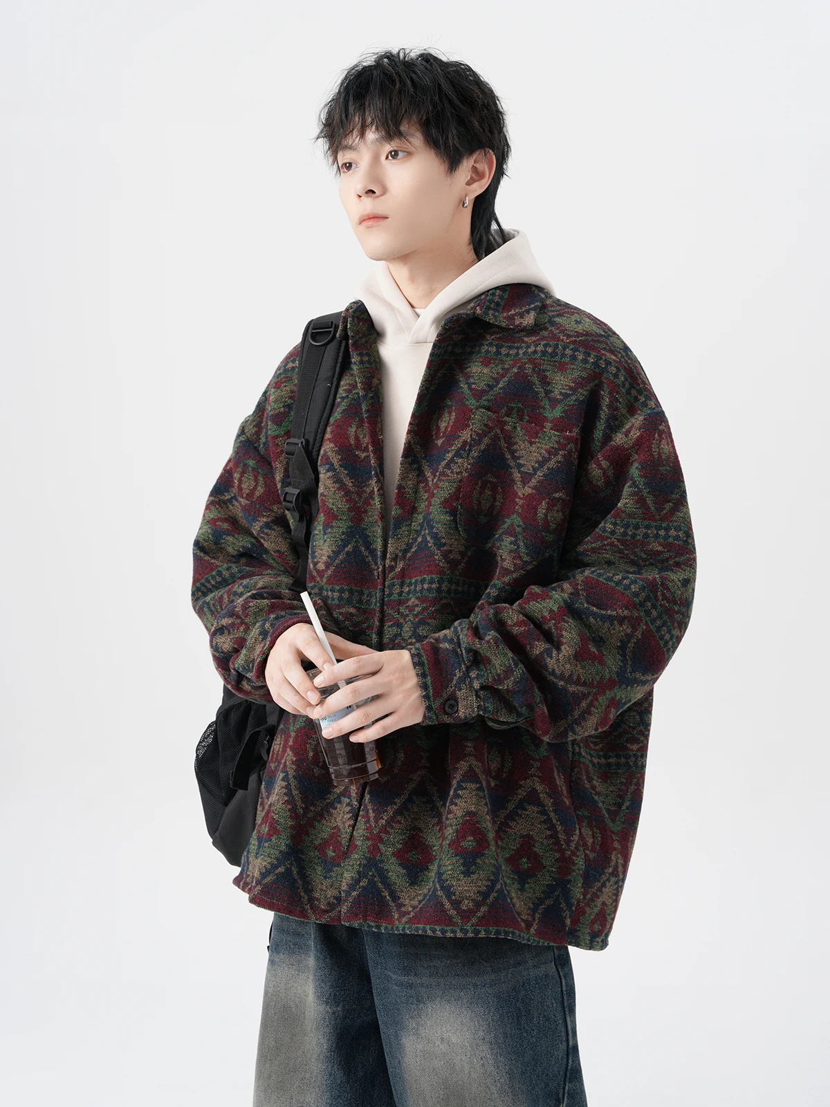 2025 Spring and Autumn New Men's Retro Printed Brown Shirt Jacket Loose Casual Turn-down Collar Wine Red Pink Jacket