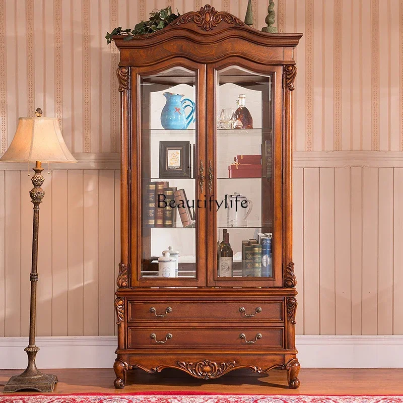 

56*American wine cabinet furniture partition solid wood glass display European wine cabinet with lamp