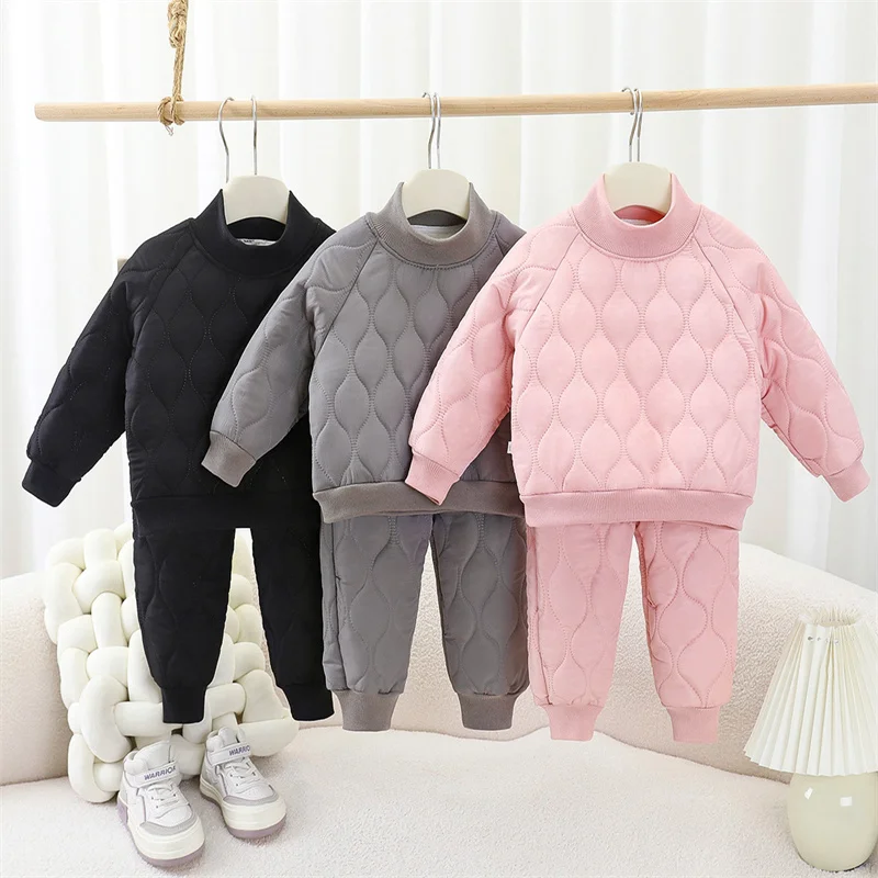 Kids Solid Warm Suits Children Outdoor Casual Thermal Thick Cmfortable Top+Pants 2Pc Outfits Boys Girls Daily Clothes Sets 1-8Y