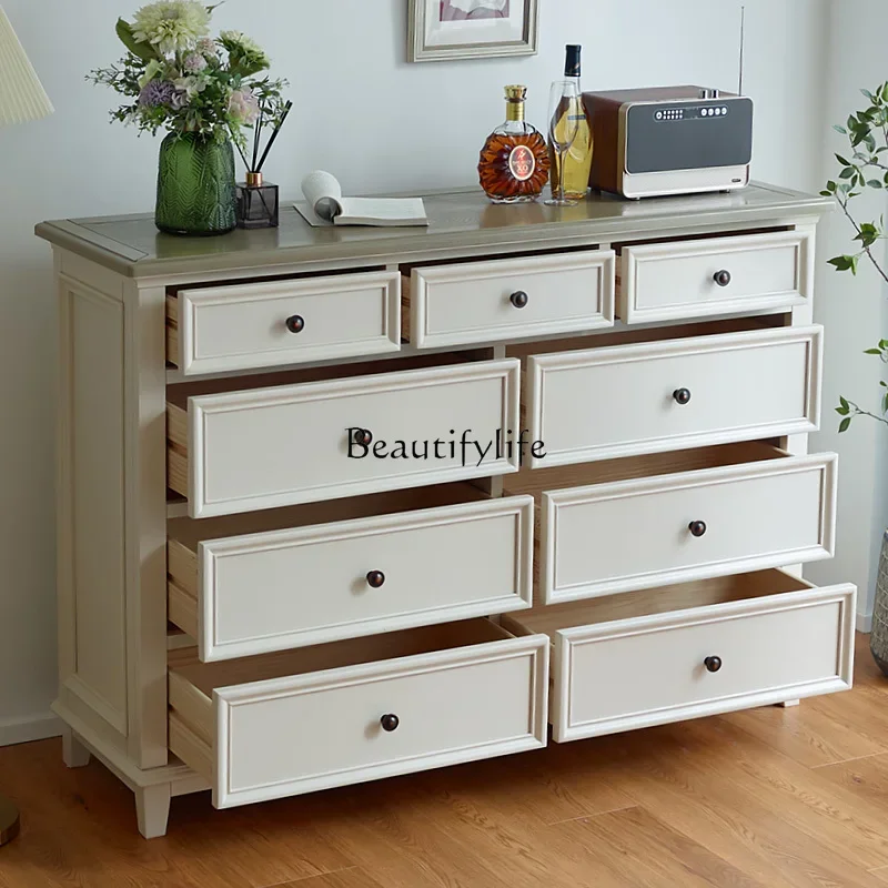 American cream style all solid wood nine chest cabinet living room against the wall retro bedroom storage cabinet