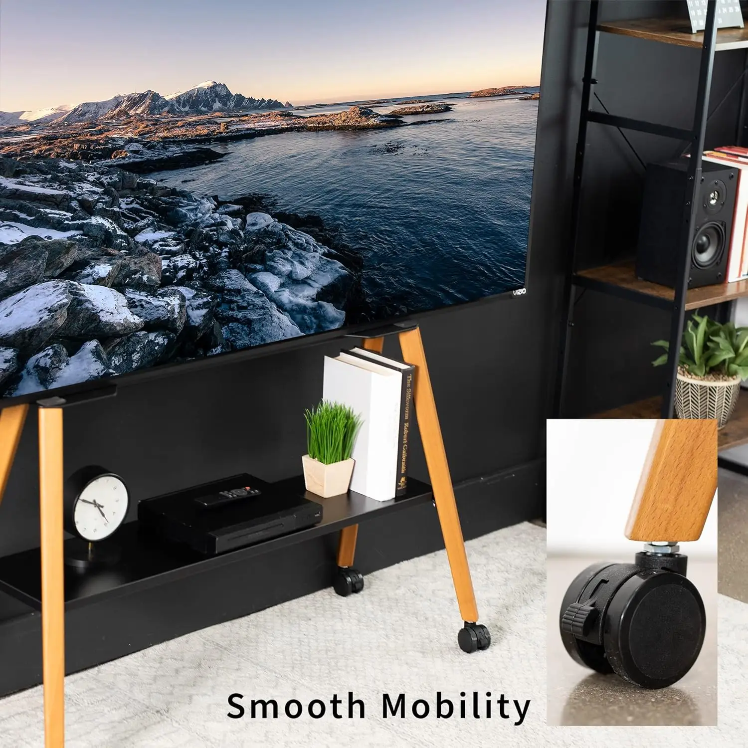 43-75인치 LED LCD TV 스탠드(목재 선반 포함), 조절 가능한 검정색 프레임 이젤 스탠드, 호두나무 다리 4개, STAND-TV75R