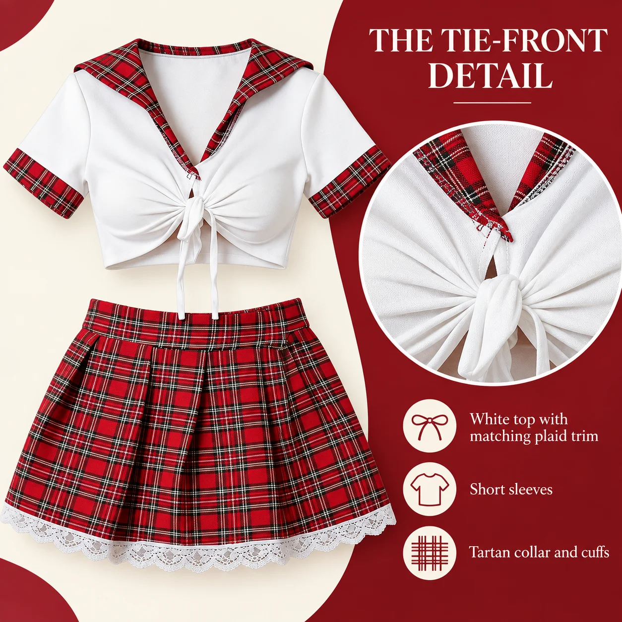 Women's Red Plaid Two Piece Costume Set White Tie Front Short Sleeve Top and Lace Trim Pleated Mini Skirt S M L XL