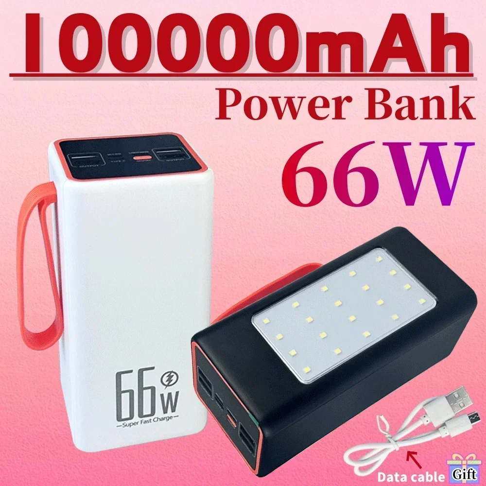 

66W Power Bank 100000mAh High-Capacity Fast Charger Powerbank for IPhone Laptop Batterie Externe LED Camping Light Flashlight