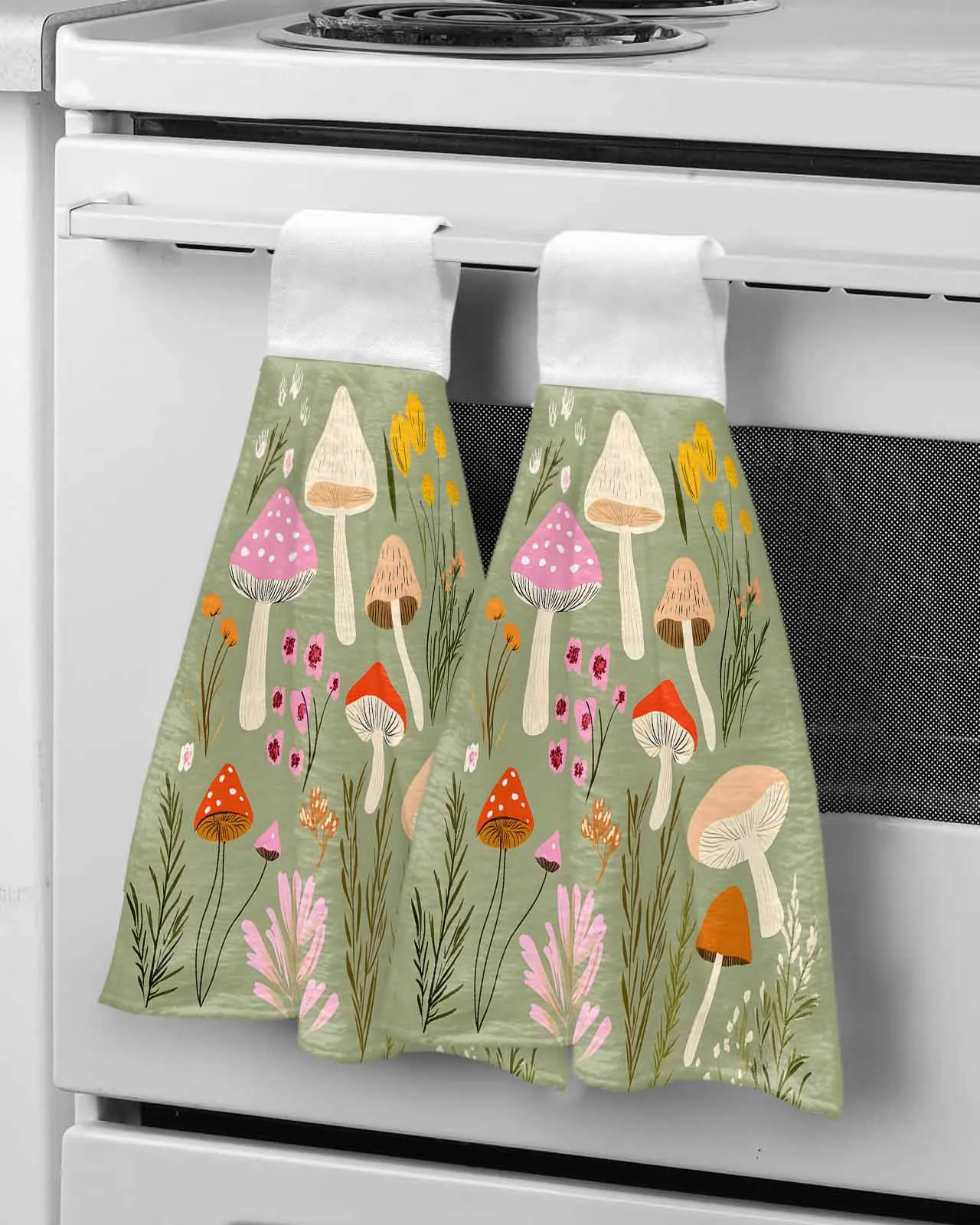 

Green Background Mushroom Flower Hand Towel Bathroom Supplies Soft Absorbent Towel Kitchen Accessories Cleaning Dishcloths