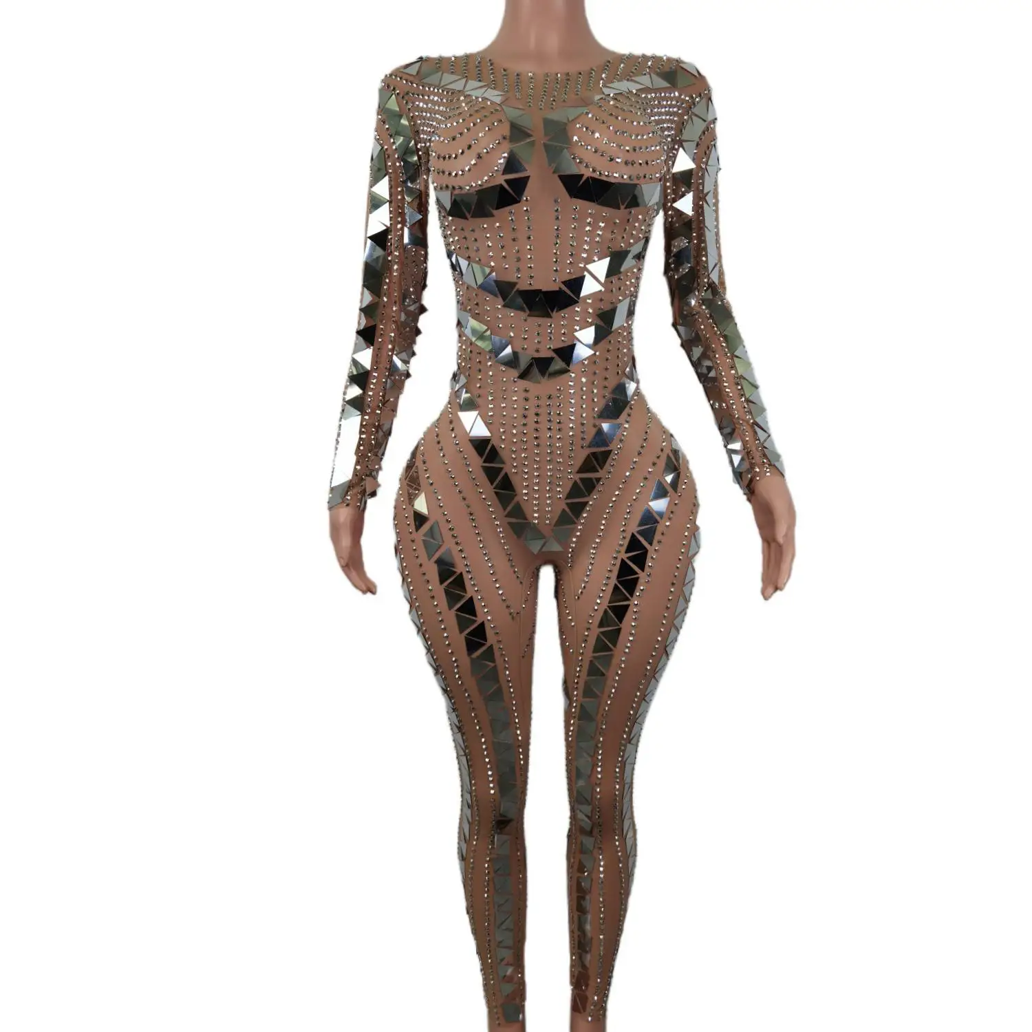 

Sexy Women Rhinestone Jumpsuit Fashion Long Sleeve See Through Diamond Sequin One Piece Bodysuit Stripper Dance Wear Club Romper