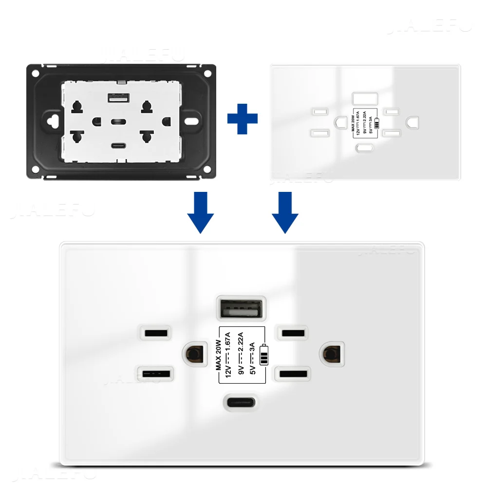 Imagem -04 - Soquete Padrão Americano Conjunto de Vidro Temperado Tomada Usb tipo c Cores Opcionais Branco Cinza Preto Ouro 124x76 mm