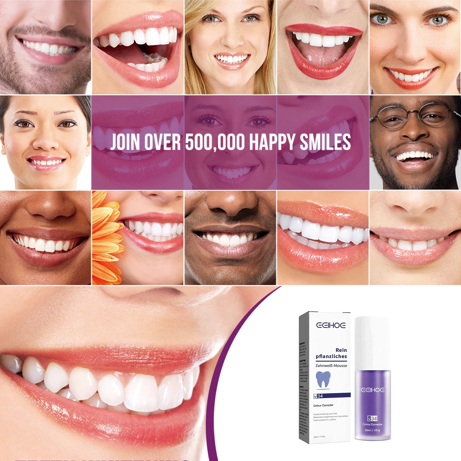 V34 Purple Brightening Toothpaste Removes Dirt, Reduces Yellowing, Cares for Teeth and Gums, Freshens Breath and Keeps Clean