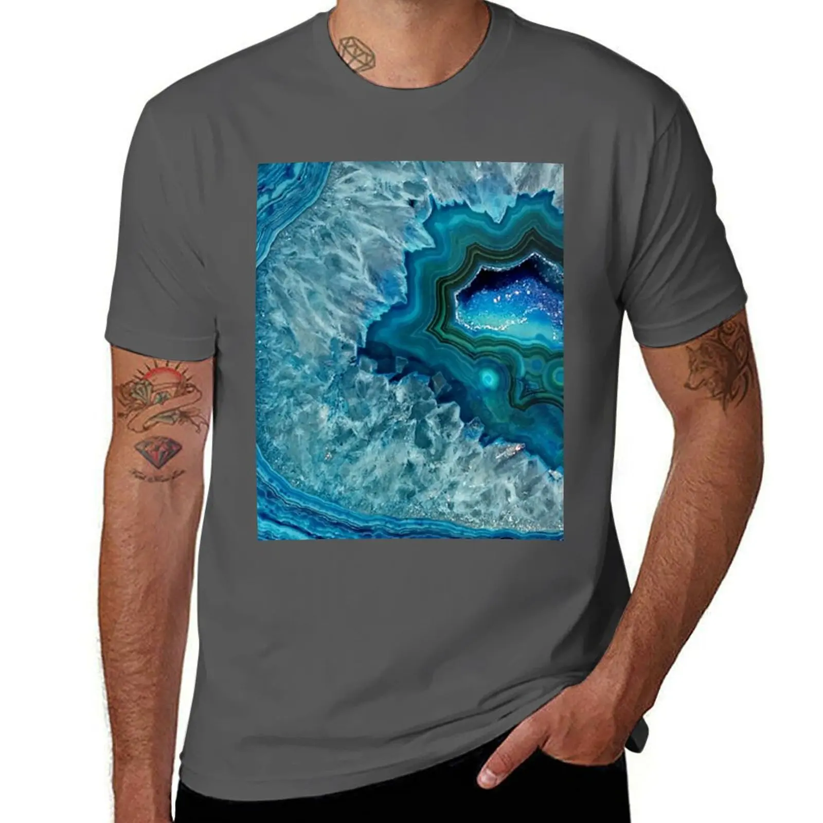 Teal Aqua turquesa azul roca ágata cristales minerales patrón camiseta camisetas para hombre gráfico divertido camiseta