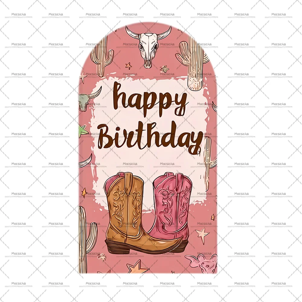 Cowgirl Pink Arch Backdrop Birthday Party Photo Background Kids Western Theme Decor Horse Shoe Boots Hat Pattern Celebration