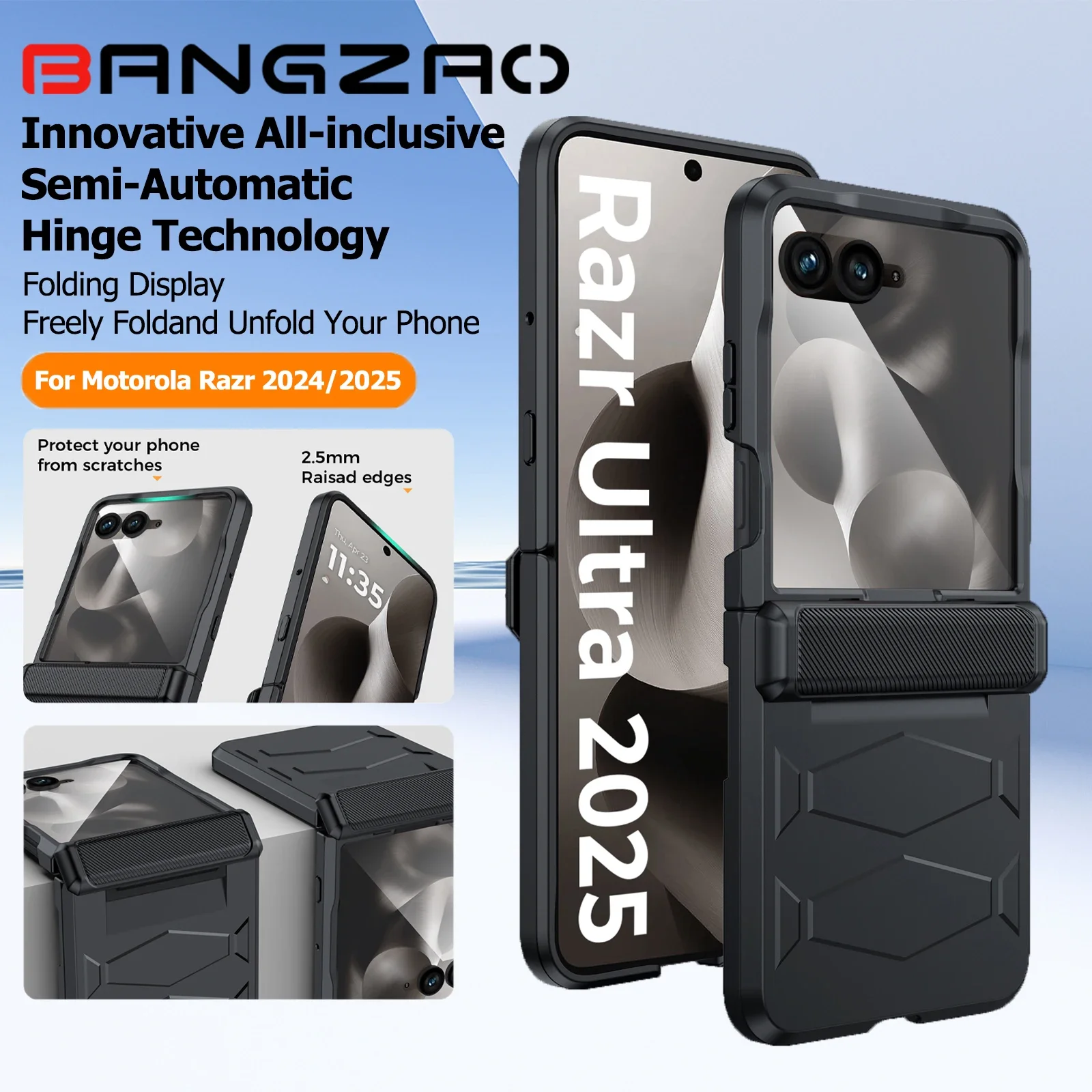 

Бронированный чехол для Motorola Razr 2024/2025, с шарнирною крышкой, встроенная защитная пленка для экрана, противоударный универсальный чехол для телефона, черный