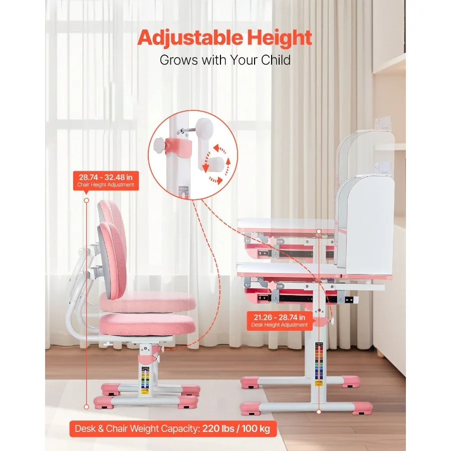 Sedia da studio e scrivania con libreria e cassetto regolabile in altezza rosa