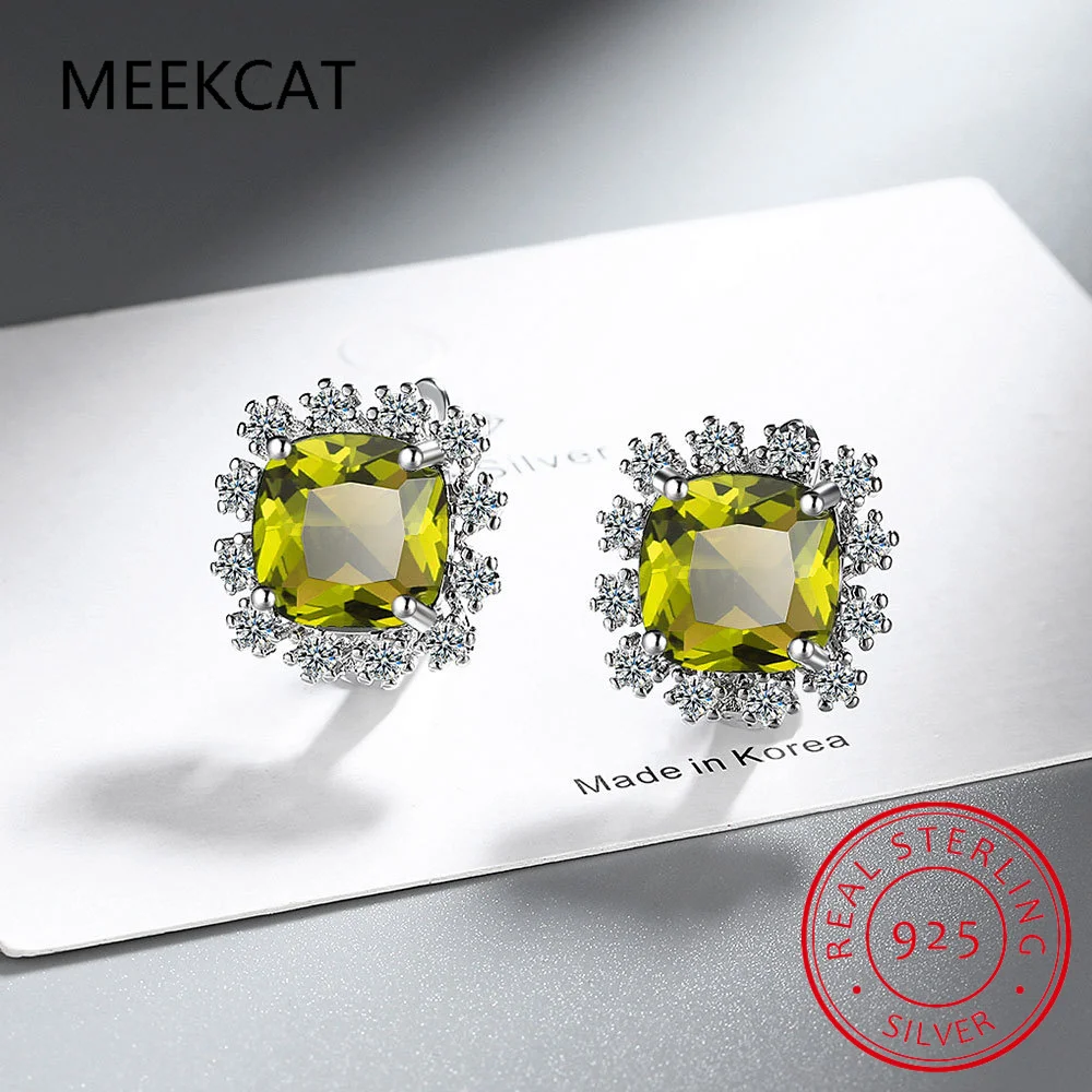 

Cushion Cut Genuine Natural Peridot 925 Sterling Silver Square Hoop Earring for Women Luxury Gemstone Jewelry Birthday Gift
