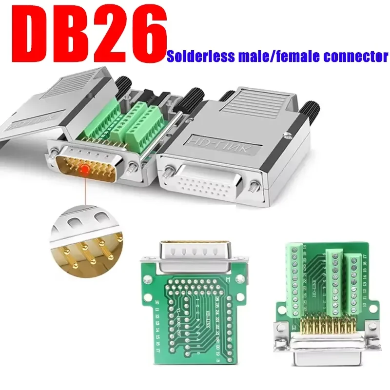 DB26 Male and Female Solderless Plug Industrial 26 Pin Metal Connector Adapter 3-row 26 Pin Breakout Board Terminal Head