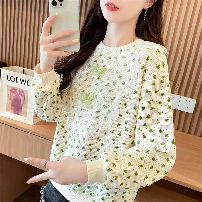 

Sweatshirt Feminine Lace Slimming Versatile Age-Reducing Pullover Top