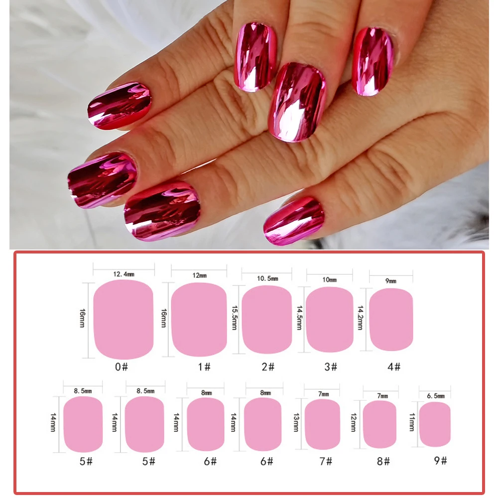 Curta cobertura completa unhas postiças para menina, espelho, cromado, pressione, gradiente, dicas de arte do prego, pré-cola, brinquedos para