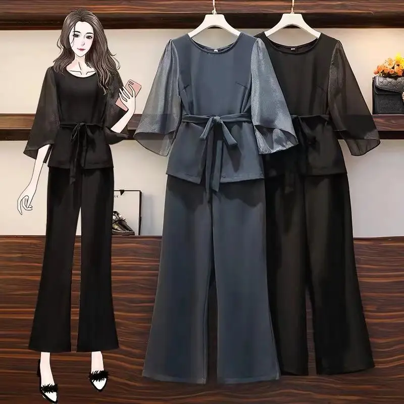 Enlarged Bow Hollow Sun Protection T-shirt Casual Wide Leg Pants Two Piece Set Elegant Women's Pants Set Summer Outfits